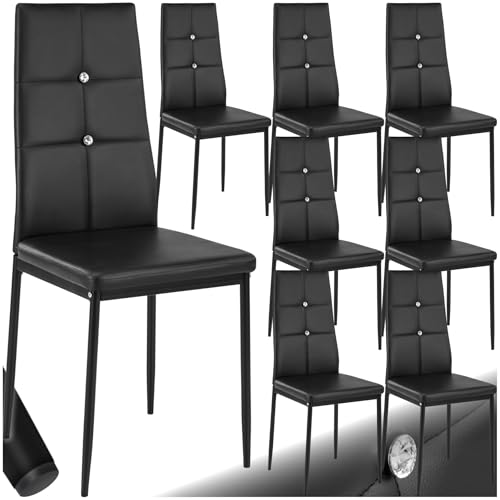 tectake® Set 8 Sedie Sala da Pranzo Imbottite, Sedie Cucina in Similpelle, Gambe in Acciaio, Sedie Soggiorno dal Design Elegante con Strass, Sedie da Pranzo Moderne Antiscivolo - Nero