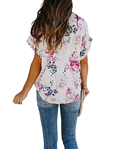 Allimy Womens Loose Blouses Summer Short Sleeve V Neck Floral Tops Shirts Purple Large #TOP4