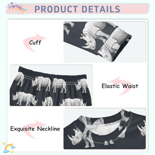 Pajama Sets Long Sleeve Rhino Pattern Print Design Soft Comfy Sleepwear 2 Piece PJS 3-8T4
