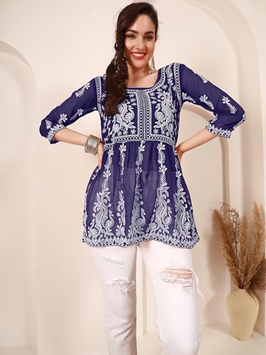 EthnicJunction Georgette Women Chikan Embroidery Short A-Line Kurti | Summer Kurti | Short Kurti for Women | Top for Office | Women's Tunics Tops | Kurta Shirt Top | Regular Fit Top