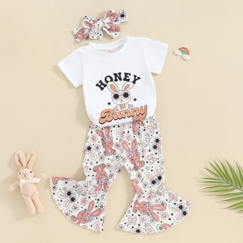 Toddler Baby Girl Easter Outfits Short Sleeve T Shirt Top Bunny Print Bell-Bottom Flared Pants Summer Clothes Set2