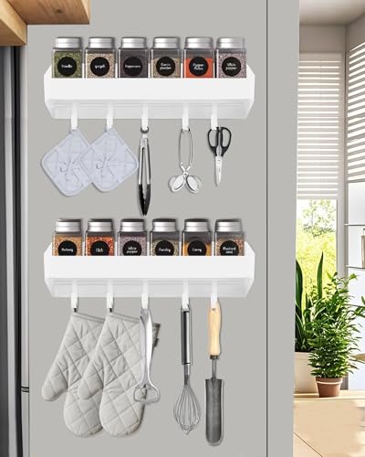 2 Pack Magnetic Spice Rack for Refrigerator with 5 Moveable Hooks...