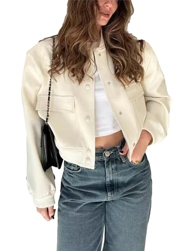 Womens Cropped Baseball Jackets Casual Button Down Bomber Varsity Jacket Coats Outerwear with Pockets