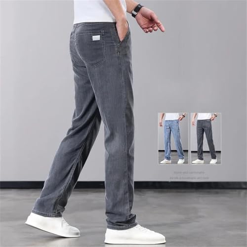Men's Summer Thin Jeans Lyocell Soft Breathable Straight Leg Elastic Ice Silk Casual Denim Pants Lightweight Trousers2