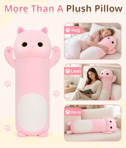 Image of MaoGoLan Long Cat Body Pillow for Kids, 44'' Big Kitten Plush, Pink