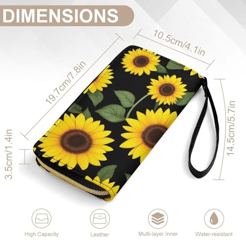 PU Leather Wallet for Women, Waterproof Card Holder Organizer Wallet Floral Black Yellow Flowers Sunflower Travel Long Zipper Clutch Purse2