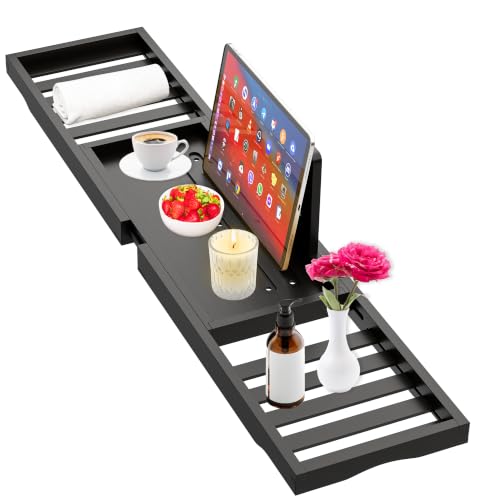 Bathtub Tray Black - Bath Tray Expandable - Bath Table Trays for Bathtub/Tub,Premium Bamboo Wooden, Fits Most Bath Tubs