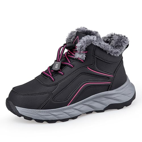 Men Snow Boots Winter Chunky Block Heel Leather Short Boot Sneaker Wide Toe Box Slip-on Shoes With Hook Loop Comfortable Fur Lined Boots for Women Waterproof Booties Warm Anti Slip Outdoor Shoes