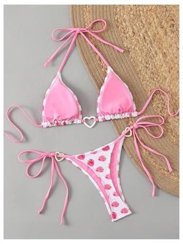 GORGLITTER Women's Strawberry Bikini Set 2 Piece Heart Ring Backless Triangle Bra High Waisted Thong Swimsuit 20252