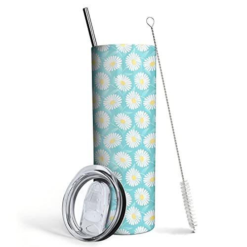 Floral Tumbler, Daisy Gifts for Women, Plant Lover Gifts, Cute Skinny Tumbler with Lid and Straw, Daisy Flowers Items, Unique Birthday Gifts for Women,Friends Female,Teenage Girls,Girlfriend - 20Oz