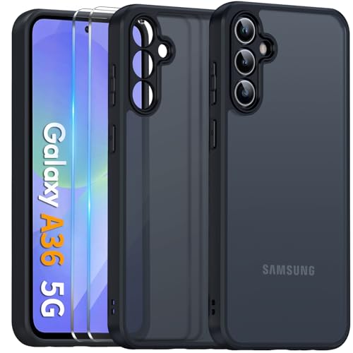 COPIKE Funda Mate para Samsung Galaxy A36 5G y Protector de Cámara, Carcasa Antigolpes Helada Translúcida Antihuellas con 2 Piezas Cristal Templado, Negro