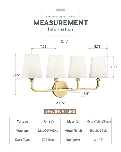 Image of 4-Light Bathroom Light Fixtures, Brushed Gold Vanity Lights with Flared Beige Fabric Shade, 28 Inch Wall Sconce, Vintage Sconces Wall Lighting for Hallway Bedroom, VL837-BG-B-4