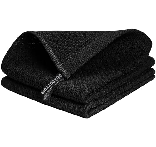 Image of Kitchen Cotton Lint Free Waffle Weave Hand Towels, Quick Drying Dish Cloths, Highly Absorbent Dish Rags Tea Towels Set with Hanging Loop, 13.4 inchx 13.4 inch, Black, Pack of 2