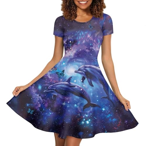 Image of HUGS IDEA Womens Puffy Swing Midi Dress Round Neck Short Sleeve Party A-Line Dresses