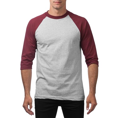 Pro Club Men's 3/4 Sleeve Crew Neck Baseball T-Shirt, Heather Gray/Maroon, Small