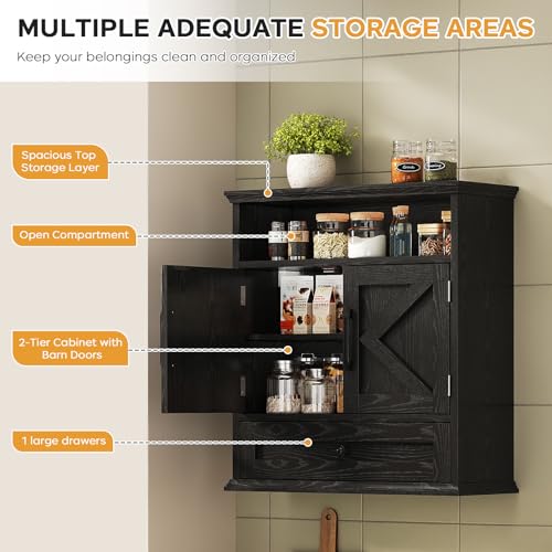 Image of Bathroom Wall Cabinet, Wall Mounted Medicine Cabinet 24.4 inchH x 23.6 inchW x 9 inchD | With Drawer, Barn Doors & Adjustable Shelf, Black Over Toilet Farmhouse Storage Cabinet for Kitchen, Laundry Room, Entryway