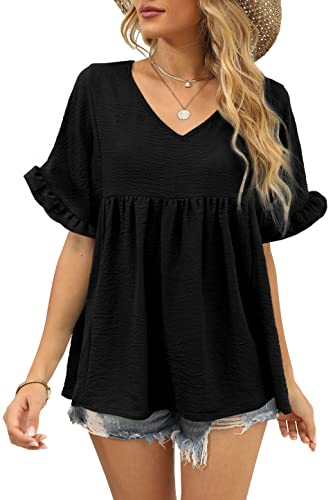 WIHOLL Womens Tops Casual V Neck Ruffle Sleeve T Shirts Babydoll Loose Fit Peplum Tops2