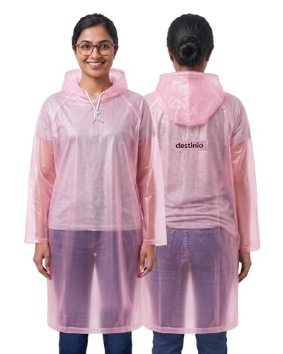 Image of Destinio Poncho for Men, Poncho for Women-Thick Waterproof PVC, Rain Coat, Reusable - Transparent Pocket Raincoat with Hood, Full Cover for Bag in Travel, Trekking, Bike Riders