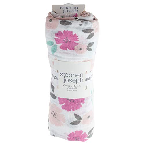 Image of Stephen Joseph, Muslin Swaddle Blanket for Baby Girls and Boys, Newborn Receiving Blanket for Swaddling, 100% Cotton Baby Swaddle Wrap, Receiving Swaddle Wrap, 47 x 47 inches, Flower