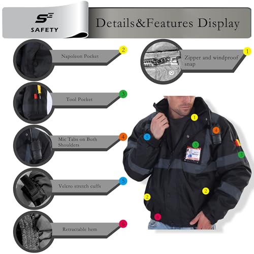 Image of sesafety Reflective Jacket for Men, High Visibility Jackets, Safety Jackets for Men, Hi Vis Construction Bomber Jackets Waterproof with Pockets and Zipper, Black Bottom, Class 3