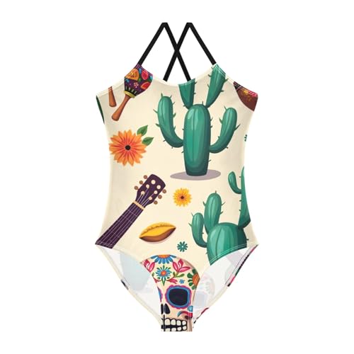 CHIFIGNO Skulls Guitars Beige Bathing Suits Kids Quick Dry Crossback Toddler Swimsuit Girl One Piece 3T