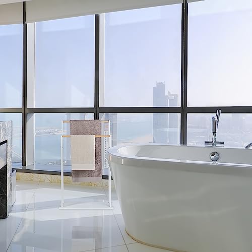 Relaxdays Toallero de Pie con 2 Barras, MDF y Bambú, 91,5 x 57 x 25 cm, Autónomo, Portatoallas Baño, Blanco y Natural - imagen 5