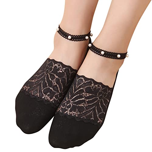 3 Pairs Women's Pearl Lace Breathable Ballerina Non Slip Transparent Low Mens Low Show Socks