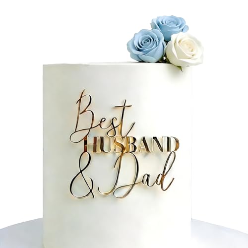 Best Husband & Dad Cake Topper, Acrylic Gold Dad's Happy Birthday Cake Decorations - Father Feets Birthday Cake Topper - Best Dad Ever, Happy Fathers Day Party Decorations for Men