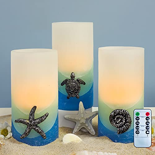 Image of Blue Flameless Candles, Nautical Themed Starfish, Conch, Seahorse Flickering Flameless Candles with Timer, Remote Set of 3 Pillar Led Candles for Wedding,Bedroom,Party,Gift