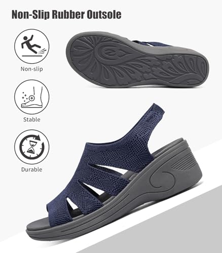 Image of Womens Wedge Sandals Platform Walking Sandals Open Toe Ankle Elastic Strap Casual Comfortable Summer Dressy