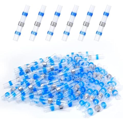 Uenhoy 150 Pcs Solder Seal Wire Connectors 16-14 AWG Blue Heat Shrink Butt Connectors, Waterproof Insulated Electrical Splice Wire Terminals for Boat Truck Trailer Automotive Marine Cover