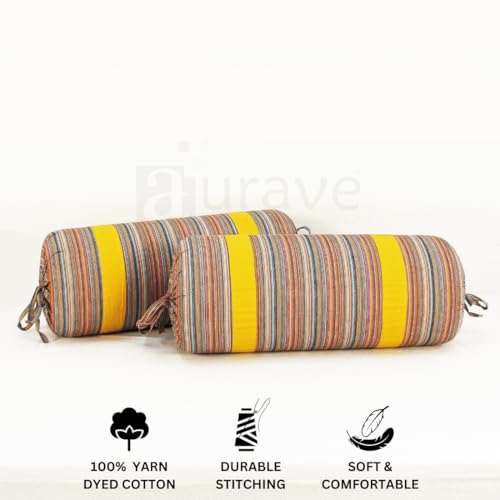 Image of AURAVE Woven Cotton 144 TC Printed Bolster Cover with Drawstring Closure, Set of 2, Soft Breathable Durable Machine Washable for Sofa Bed & Home Decor, 15 inchx30 inch, Mustard | Cover Only