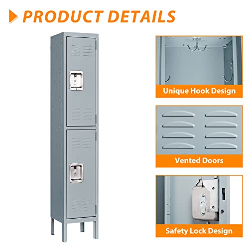 Image of Metal Storage Locker, Lockable Employees Metal Locker with 2 Doors, 65.98 inch Height Steel Locker for Home, Dressing Room, Office, Gym (Grey)
