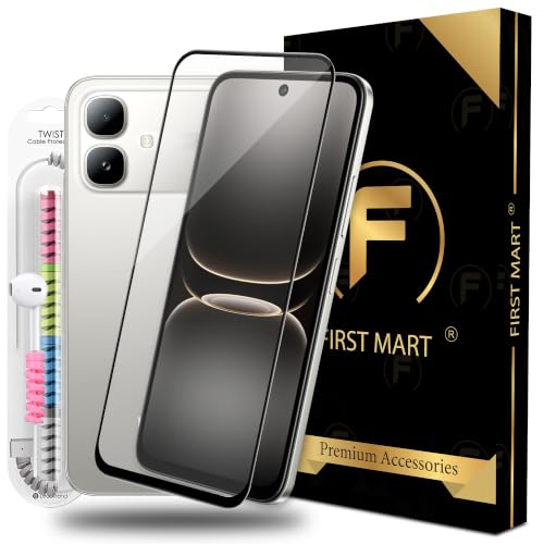Image of FIRST MART Tempered Glass for Infinix Smart 20, 9H 0.3 mm Full-Glue Screen Protector with Cable Protector, 3D Edge-to-Edge, HD Clear, Case-Friendly, Black, Pack of 1