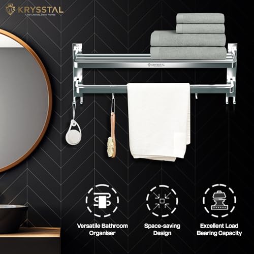 Image of Towel Holder in Bathroom - Towel Hanger for Wall,TwinFlex 304 Stainless Steel Foldable Towel Rack, Rustproof Wall Mounted Bathroom Shelf with Hooks, Heavy Duty Bathroom Accessories,24 Inch, Silver