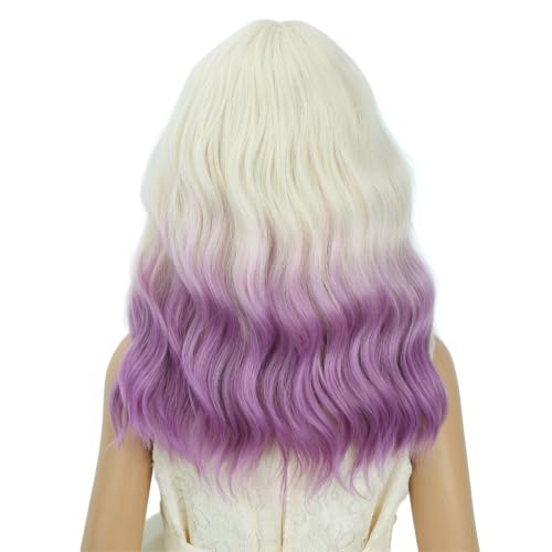 Image of PATTNIUM Girls Purple Ombre Short Curly Wavy Wig with Bangs Kids White Ombre Purple Bob Wigs Synthetic Halloween Costume Cosplay Party Wigs