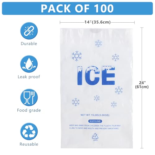 Image of 100 PACK 15 lb. Plastic Drawstring Ice Bags 14 x 24 Inch Heavy-Duty Plastic Ice Bags with Draw String (2.8mil Thickness)