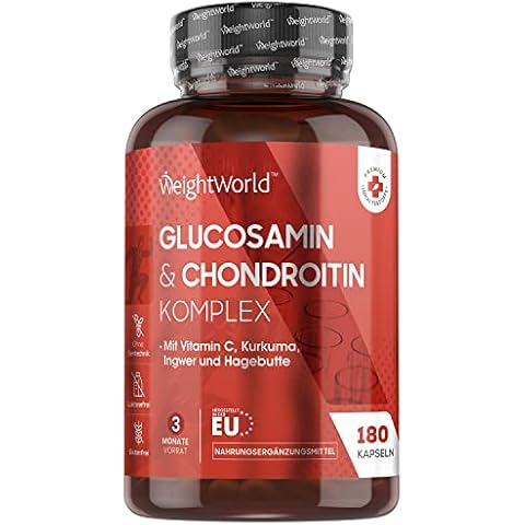 Glucosamin Chondroitin Komplex 1300mg - 180 Glucosaminsulfat Kapseln - 3 Monate Vorrat - Mit Vitamin C für Immunsystem, Knochen, Knorpel, Zähne & Haut - Ingwer, Hagebutte & Kurkuma - von Weightworld Cover
