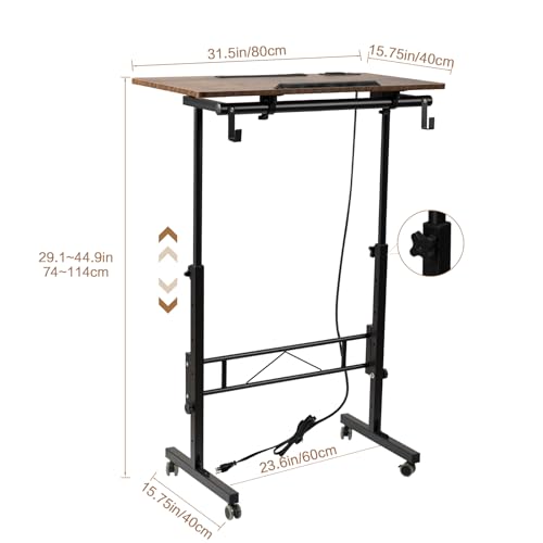 SIDUCAL Standing Desk Height Adjustable with Tiltable Tabletop, Rolling Laptop Desk with Charging Station, Sit Stand Portable Stand Up Desk with Wheels, Rustic Brown