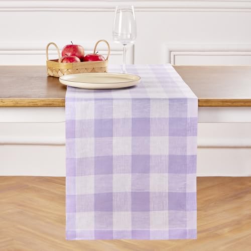 Solino Home Linen Plaid Table Runner 108 Inches Long - 100% Pure Linen Buffalo Check Misty Lavender Table Runner 14 x 108 Inch Ideal for Dining