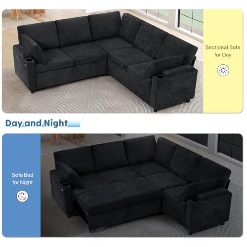 Image of 85 inch Chenille Sectional Sofa w /Pull Out Bed & Storage Space, Black | Upholstery L Shaped Couch w /Cup Holders, Modern Corner Sofa w /USB Charging Port & Throw Pillow for Living Room