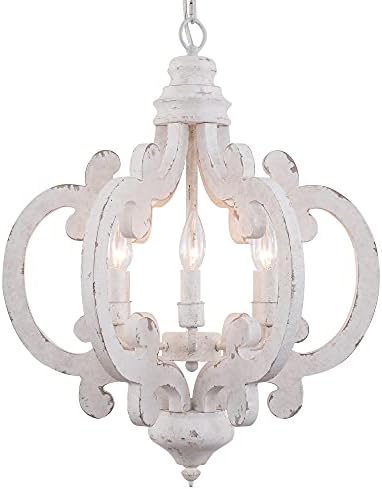 Chords Attic 6-Candle Light White Wooden Chandelier, Farmhouse Wooden Pendant Lighting Fixture, H24.4 x D17.8 with 70" Adjustable Chain