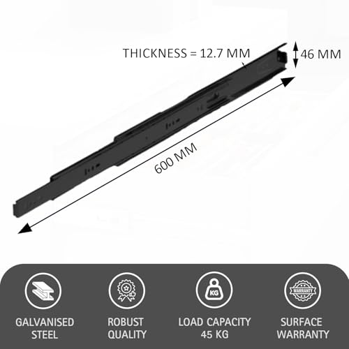 Image of Hettich KA 5632 Side Mounted Telescopic Ball Bearing Drawer Channel, 600 mm, Black Finish, 45 kg Load Capacity, Full Extension, Galvanised Steel, for Home Kitchen & Wardrobe, 2 Pieces