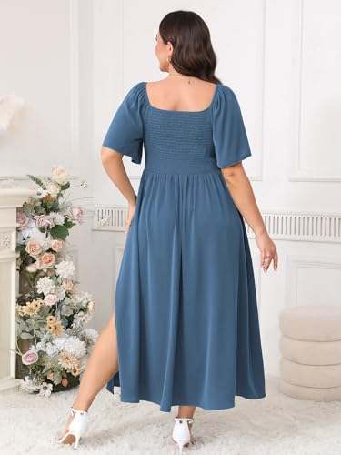 Image of CICIDUDU Plus Size Dress Wedding Guest Semi Formal Ruffle Short Sleeve Sweetheart Neckline Slit A Line Flowy Maxi Dresses