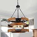 Eumyviv 5-Light Round Rustic Chandelier Light Fixture, Farmhouse Hanging Pendant Lighting with 3-Tier Circular Metal Nature Wood Frame Drum Lights for Kitchen Island Entryway Dining Room