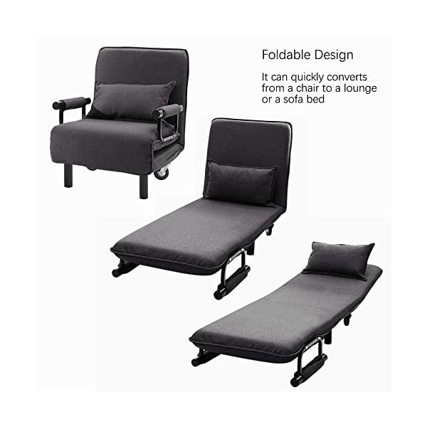 INMOZATA 2-in-1 Single Folding Futon Chair Sofa Bed Chair Guest Sleeper Chair Bed with Pillow Wheels for Home Bedroom Living Room (Grey) - Image 4