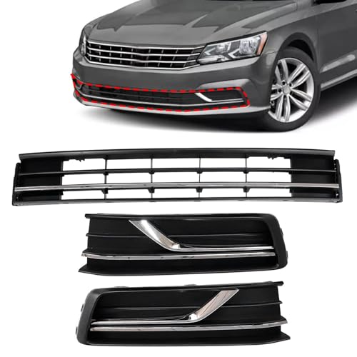 Sekeseauto 3PCS Front Bumper Lower Grille & Front Grill Fog Lamp Bezel, Compatible With VW Passat S/SEL 2016-2019, Replace# VW1036141 561853671HRYP JX-7862-CM