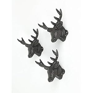 Setof3rusticbrowncastirondeerheadwallhooksforlodgeandcabindecor425incheslongantiquebrownhooksforcoatsrobestowelsandkeys Urban Country Home Decor Set of 3 rustic brown cast iron deer head wall hooks for lodge and cabin decor 425 inches long antique brown hooks for coats robes towels and keys urban country home decor