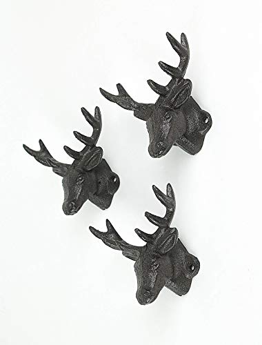 Setof3rusticbrowncastirondeerheadwallhooksforlodgeandcabindecor425incheslongantiquebrownhooksforcoatsrobestowelsandkeys Urban Country Home Decor Set of 3 rustic brown cast iron deer head wall hooks for lodge and cabin decor 425 inches long antique brown hooks for coats robes towels and keys urban country home decor