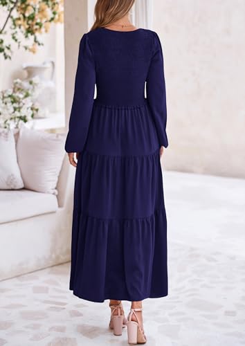 Image of PRETTYGARDEN Fall Dresses for Women 2025 Casual Long Sleeve V Neck Smocked A Line Long Flowy Wedding Guest Dress (Navy,Medium)
